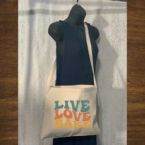 Live Love Bake Cotton Canvas Crossbody Tote Bag with long strap